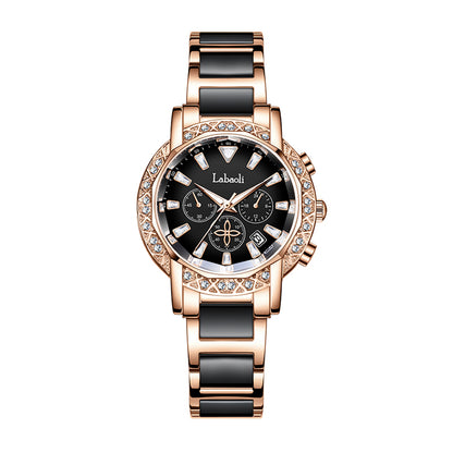Labaoli LA559 Quartz Watch - Live Edition Women's Luxury 37mm Crystal-Encrusted Bezel Diamond-Cut Lens Chronograph Style Dial Slanted Date Two-Tone Link Bracelet Wristwatch