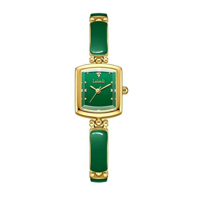 Labaoli LA653 Quartz Watch - Live Edition Women's Elegant 20mm Square Tonneau Case Faceted Diamond-Cut Glass Minimalist Crystal Dial Full IPG Gold Enamel Texture Bangle Bracelet Timepiece