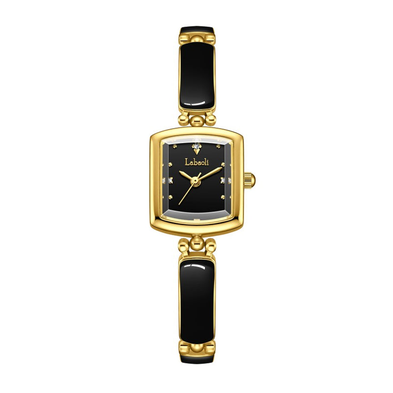 Labaoli LA653 Quartz Watch - Live Edition Women's Elegant 20mm Square Tonneau Case Faceted Diamond-Cut Glass Minimalist Crystal Dial Full IPG Gold Enamel Texture Bangle Bracelet Timepiece