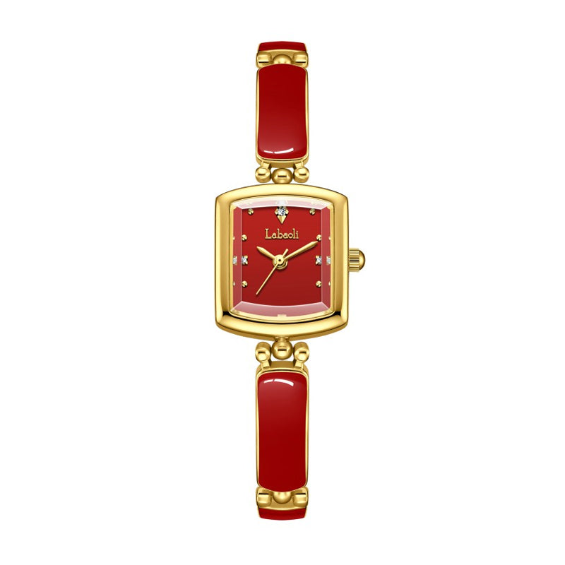 Labaoli LA653 Quartz Watch - Live Edition Women's Elegant 20mm Square Tonneau Case Faceted Diamond-Cut Glass Minimalist Crystal Dial Full IPG Gold Enamel Texture Bangle Bracelet Timepiece