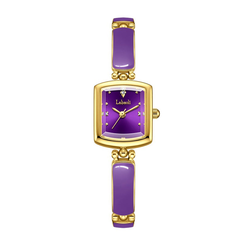 Labaoli LA653 Quartz Watch - Live Edition Women's Elegant 20mm Square Tonneau Case Faceted Diamond-Cut Glass Minimalist Crystal Dial Full IPG Gold Enamel Texture Bangle Bracelet Timepiece