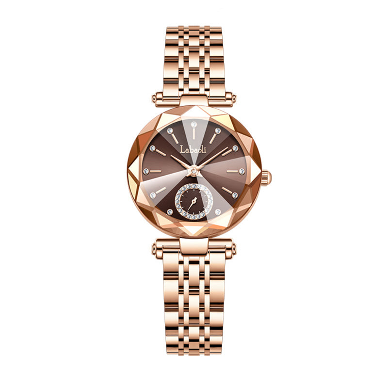 Labaoli LA729 Quartz Watch - Live Edition Women's Luxury Diamond-Cut Glass Crystal Faceted Dial Luminous Hands Crystal 6H Small Seconds Rose Gold Steel Link Bracelet Wristwatch
