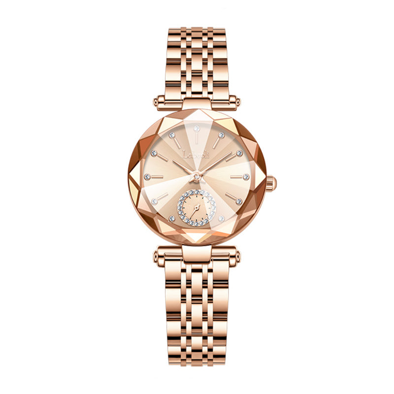 Labaoli LA729 Quartz Watch - Live Edition Women's Luxury Diamond-Cut Glass Crystal Faceted Dial Luminous Hands Crystal 6H Small Seconds Rose Gold Steel Link Bracelet Wristwatch