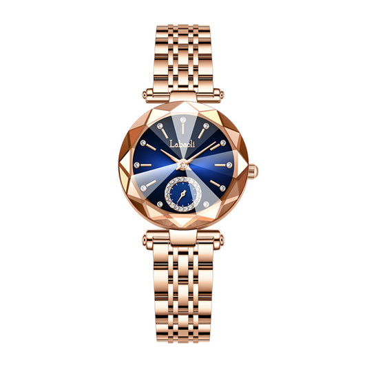 Labaoli LA729 Quartz Watch - Live Edition Women's Luxury Diamond-Cut Glass Crystal Faceted Dial Luminous Hands Crystal 6H Small Seconds Rose Gold Steel Link Bracelet Wristwatch