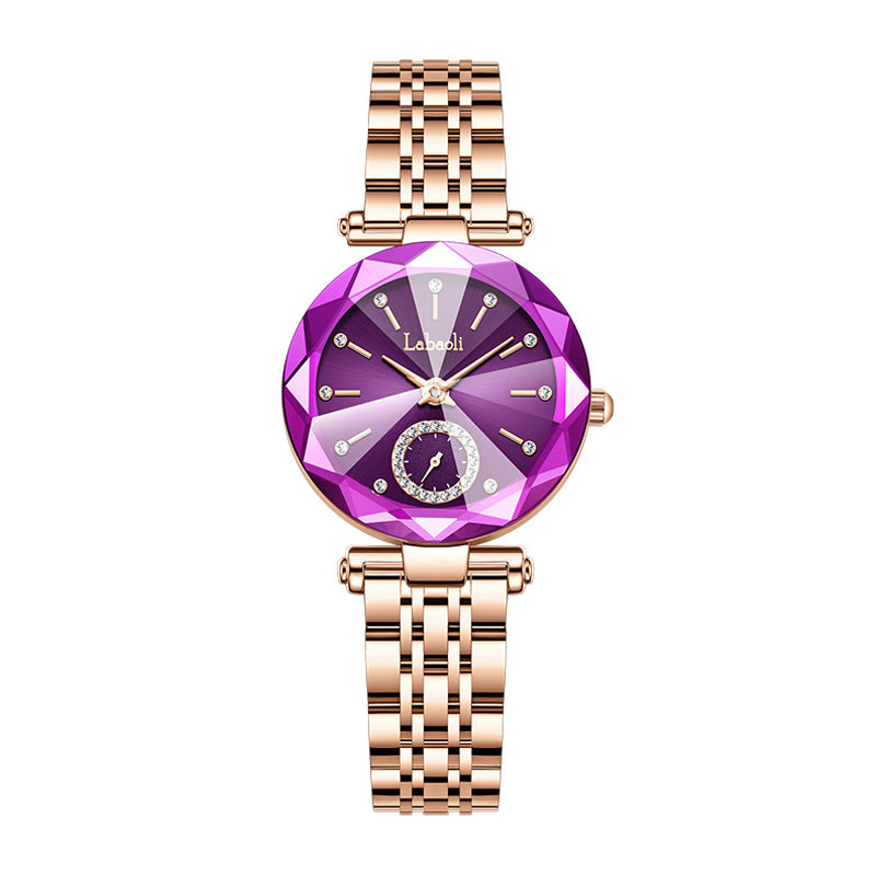 Labaoli LA729 Quartz Watch - Live Edition Women's Luxury Diamond-Cut Glass Crystal Faceted Dial Luminous Hands Crystal 6H Small Seconds Rose Gold Steel Link Bracelet Wristwatch
