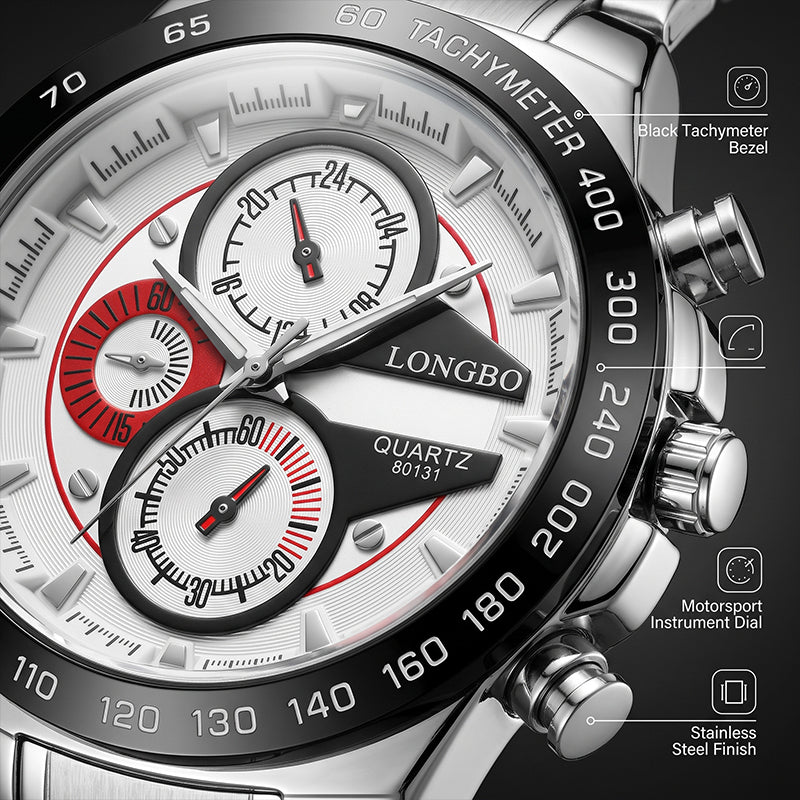 LONGBO LB80131 Live Edition Men's Tachymeter Racing Quartz Watch - 45mm Silver Case Decorative Subdials Metal Band Wristwatch