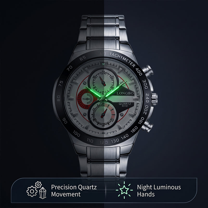 LONGBO LB80131 Live Edition Men's Tachymeter Racing Quartz Watch - 45mm Silver Case Decorative Subdials Metal Band Wristwatch