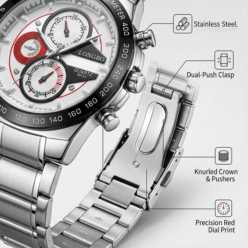 LONGBO LB80131 Live Edition Men's Tachymeter Racing Quartz Watch - 45mm Silver Case Decorative Subdials Metal Band Wristwatch
