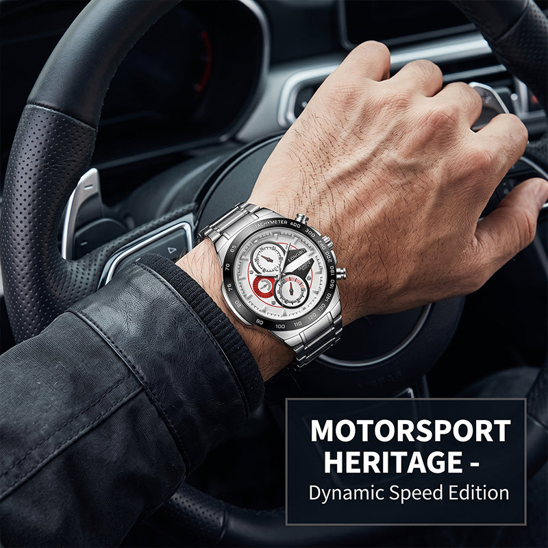 LONGBO LB80131 Live Edition Men's Tachymeter Racing Quartz Watch - 45mm Silver Case Decorative Subdials Metal Band Wristwatch