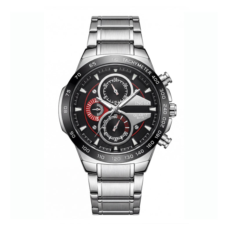 LONGBO LB80131 Live Edition Men's Tachymeter Racing Quartz Watch - 45mm Silver Case Decorative Subdials Metal Band Wristwatch