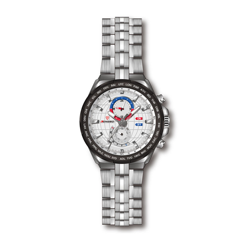 LONGBO LB80226G Live Edition Men's Aviation Pilot Quartz Watch - 46mm Silver Case World Time Bezel Multi-Gauge Dial Stainless Steel Bracelet Wristwatch