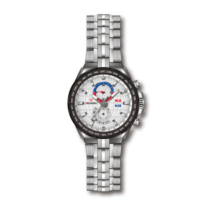 LONGBO LB80226G Live Edition Men's Aviation Pilot Quartz Watch - 46mm Silver Case World Time Bezel Multi-Gauge Dial Stainless Steel Bracelet Wristwatch