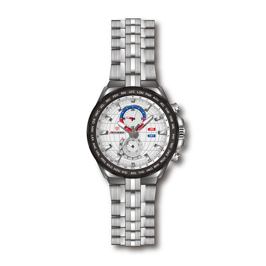 LONGBO LB80226G Live Edition Men's Aviation Pilot Quartz Watch - 46mm Silver Case World Time Bezel Multi-Gauge Dial Stainless Steel Bracelet Wristwatch