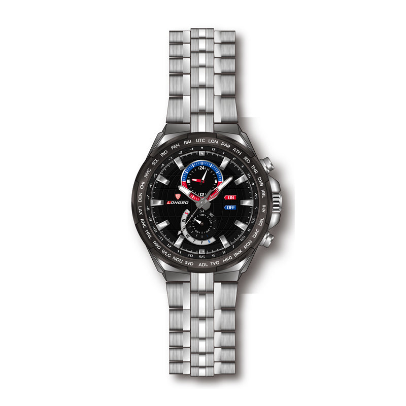 LONGBO LB80226G Live Edition Men's Aviation Pilot Quartz Watch - 46mm Silver Case World Time Bezel Multi-Gauge Dial Stainless Steel Bracelet Wristwatch