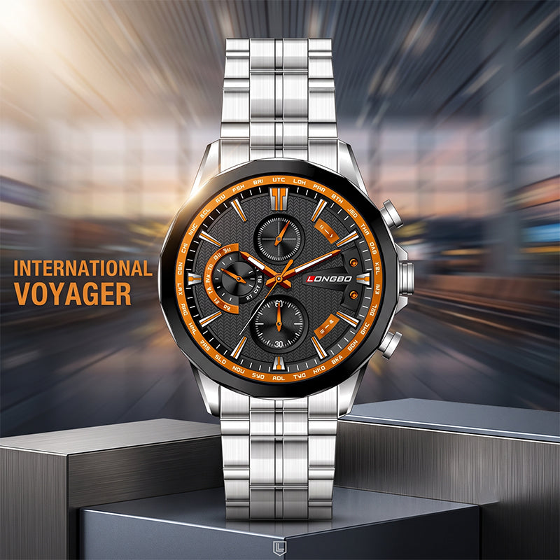 LONGBO LB80235G Live Edition Men's Sport Chrono Style Quartz Watch - 47mm Silver Case Orange Accent Black Dial Decorative Subdials Metal Band Wristwatch