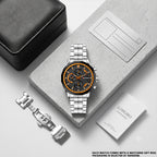 LONGBO LB80235G Live Edition Men's Sport Chrono Style Quartz Watch - 47mm Silver Case Orange Accent Black Dial Decorative Subdials Metal Band Wristwatch