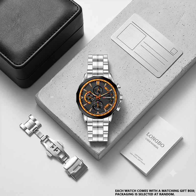 LONGBO LB80235G Live Edition Men's Sport Chrono Style Quartz Watch - 47mm Silver Case Orange Accent Black Dial Decorative Subdials Metal Band Wristwatch