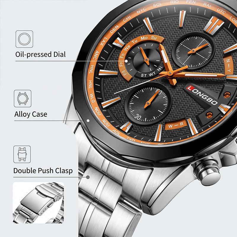 LONGBO LB80235G Live Edition Men's Sport Chrono Style Quartz Watch - 47mm Silver Case Orange Accent Black Dial Decorative Subdials Metal Band Wristwatch