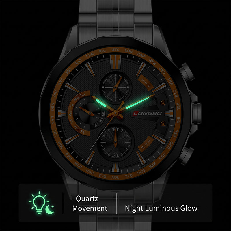 LONGBO LB80235G Live Edition Men's Sport Chrono Style Quartz Watch - 47mm Silver Case Orange Accent Black Dial Decorative Subdials Metal Band Wristwatch