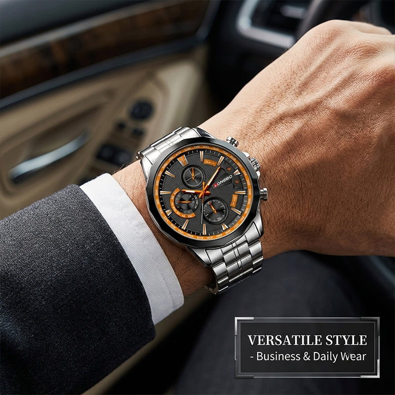 LONGBO LB80235G Live Edition Men's Sport Chrono Style Quartz Watch - 47mm Silver Case Orange Accent Black Dial Decorative Subdials Metal Band Wristwatch