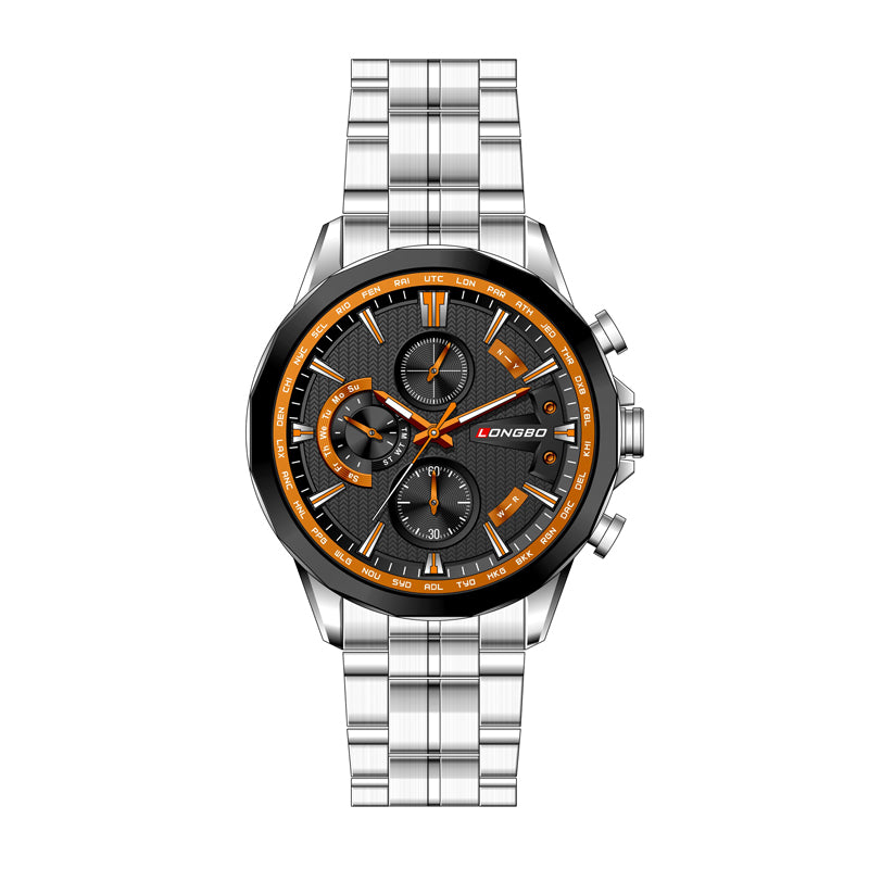LONGBO LB80235G Live Edition Men's Sport Chrono Style Quartz Watch - 47mm Silver Case Orange Accent Black Dial Decorative Subdials Metal Band Wristwatch