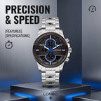 LONGBO LB80240G Live Edition Men's Sport Chrono Style Quartz Watch - 42mm Silver Case Decorative Subdials Black Dial Metal Band Wristwatch