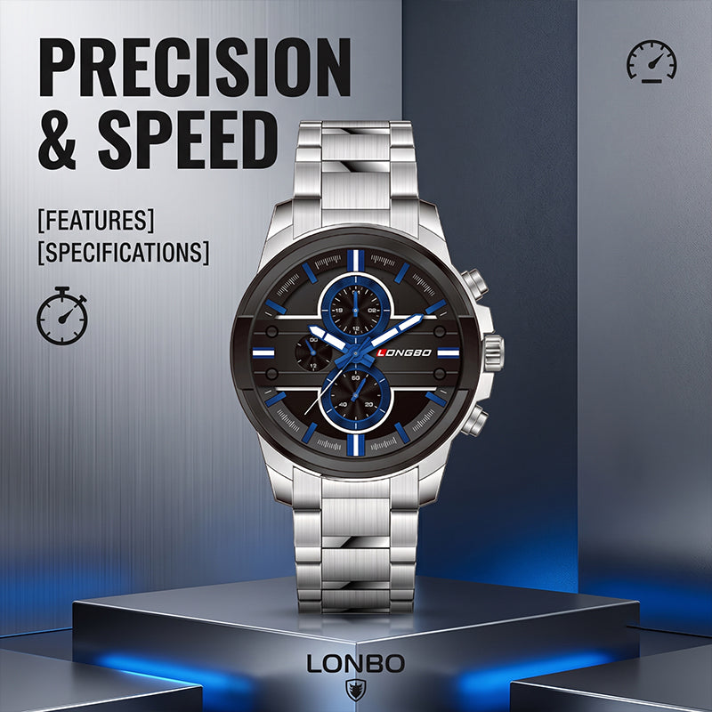 LONGBO LB80240G Live Edition Men's Sport Chrono Style Quartz Watch - 42mm Silver Case Decorative Subdials Black Dial Metal Band Wristwatch