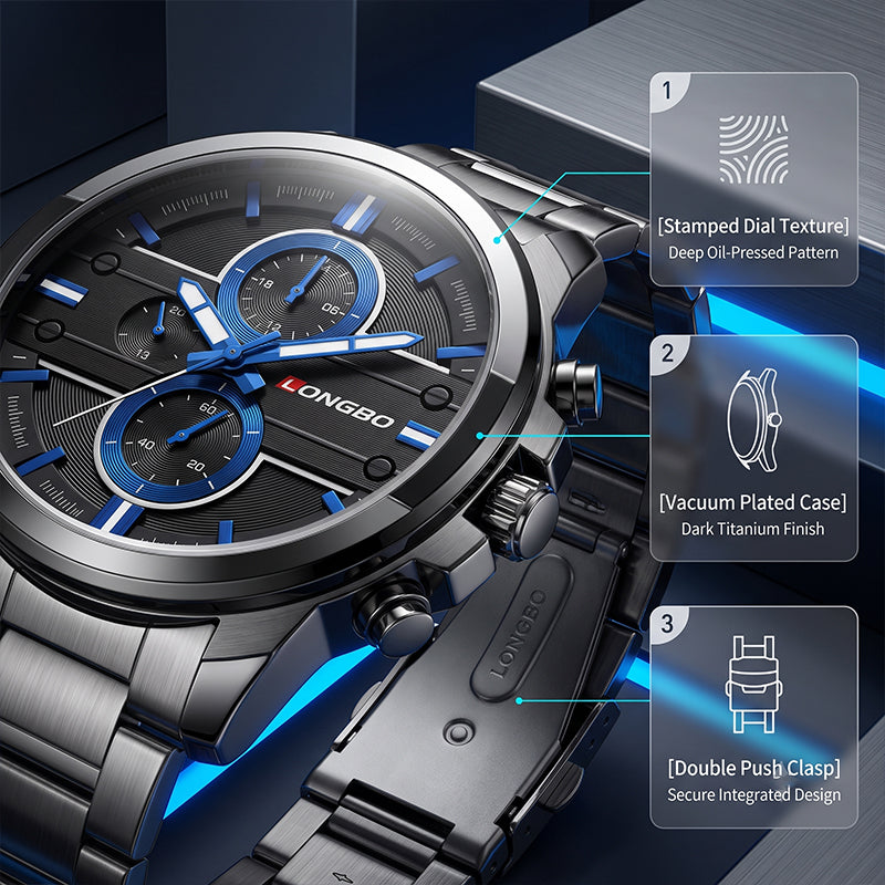 LONGBO LB80240G Live Edition Men's Sport Chrono Style Quartz Watch - 42mm Silver Case Decorative Subdials Black Dial Metal Band Wristwatch
