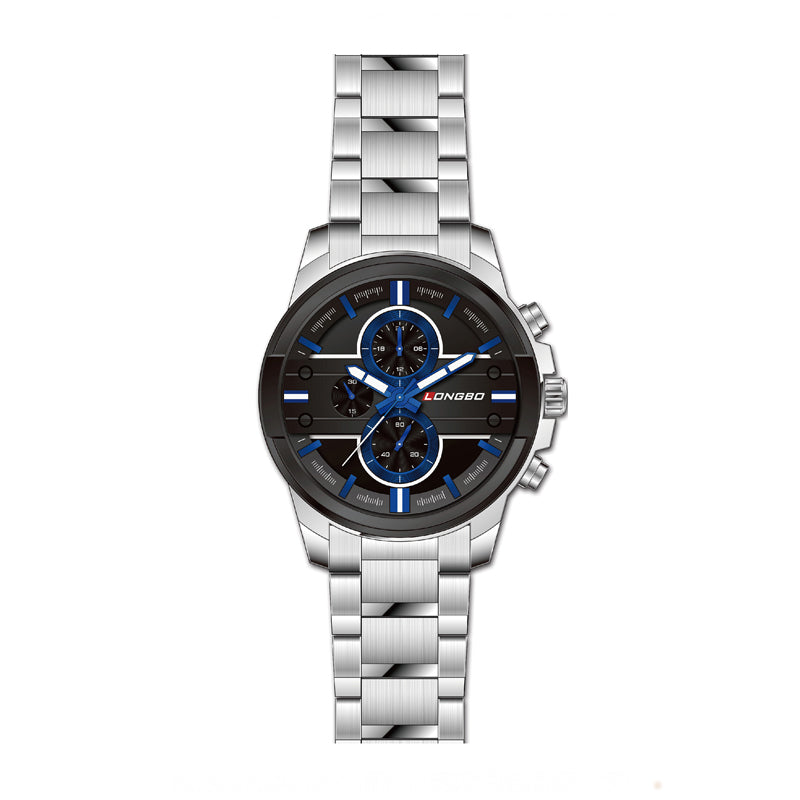 LONGBO LB80240G Live Edition Men's Sport Chrono Style Quartz Watch - 42mm Silver Case Decorative Subdials Black Dial Metal Band Wristwatch