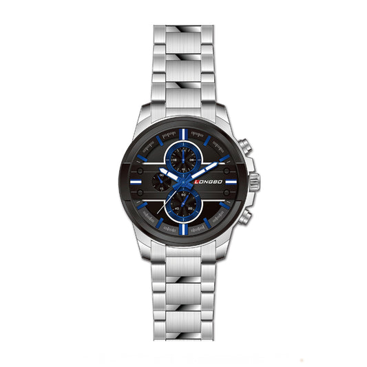 LONGBO LB80240G Live Edition Men's Sport Chrono Style Quartz Watch - 42mm Silver Case Decorative Subdials Black Dial Metal Band Wristwatch