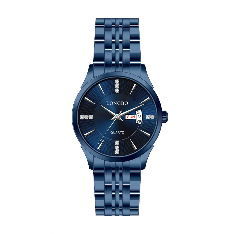 LONGBO LB80552G Quartz Watch - Live Edition Men's Modern Slim 38mm All-Blue Vacuum Plating Day-Date Luxury Twin-Crystal Index Steel Link Bracelet Wristwatch