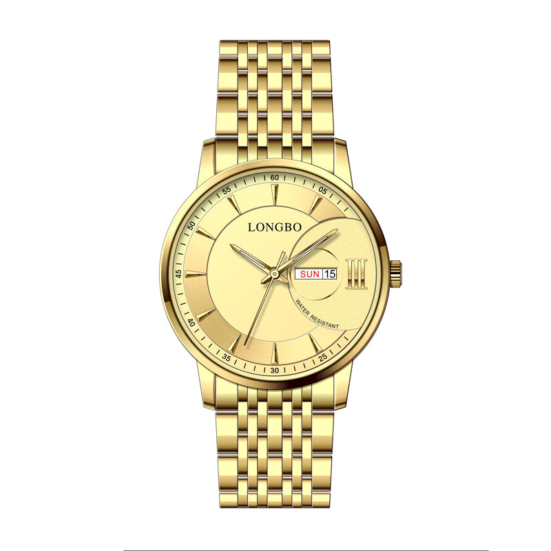 LONGBO LB80823G Quartz Watch - Live Edition Men's Modern Slim 39mm Full Gold Plating Day-Date Minimalist Baton Index Steel Link Bracelet Wristwatch