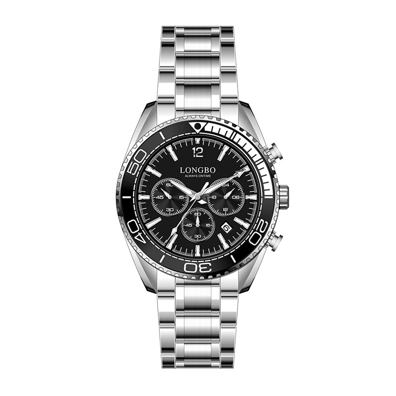 LONGBO LB83096 Live Edition Men's Diver Style Quartz Watch - 44mm Silver Case Convex Crystal Diver Bezel Decorative Subdials Metal Band Wristwatch