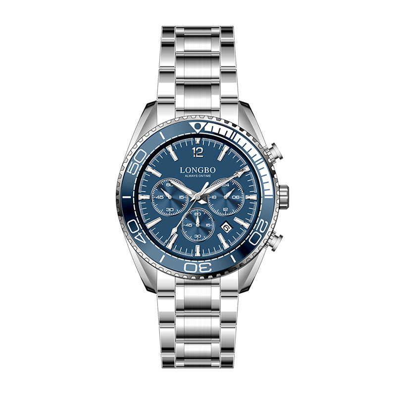 LONGBO LB83096 Live Edition Men's Diver Style Quartz Watch - 44mm Silver Case Convex Crystal Diver Bezel Decorative Subdials Metal Band Wristwatch