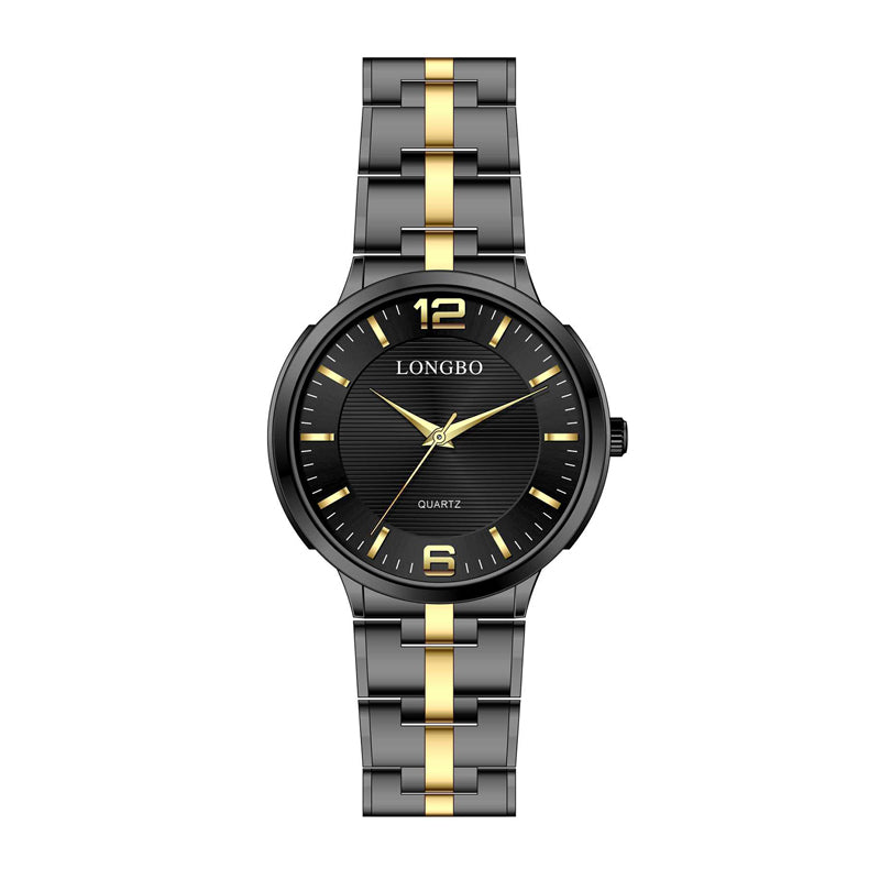 LONGBO LB83135G Quartz Watch - Live Edition Men's Modern Slim 3-Hand Black Gold Case Arabic Index Steel Link Bracelet Wristwatch