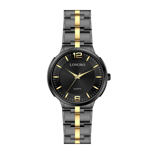 LONGBO LB83135G Quartz Watch - Live Edition Men's Modern Slim 3-Hand Black Gold Case Arabic Index Steel Link Bracelet Wristwatch