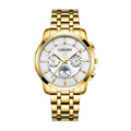 LONGBO LB83606G Live Edition Men's Slim Executive Quartz Watch - 40mm Gold Case Sun & Moon Phase Multi-Subdial Luminous Hands Metal Band Wristwatch