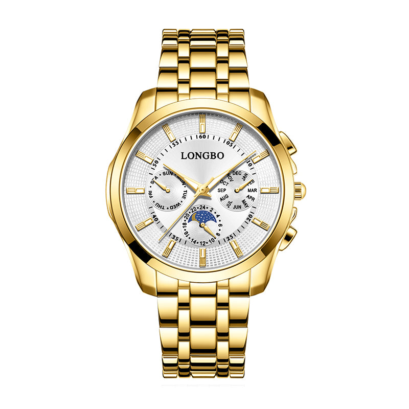 LONGBO LB83606G Live Edition Men's Slim Executive Quartz Watch - 40mm Gold Case Sun & Moon Phase Multi-Subdial Luminous Hands Metal Band Wristwatch