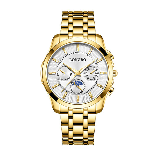 LONGBO LB83606G Live Edition Men's Slim Executive Quartz Watch - 40mm Gold Case Sun & Moon Phase Multi-Subdial Luminous Hands Metal Band Wristwatch