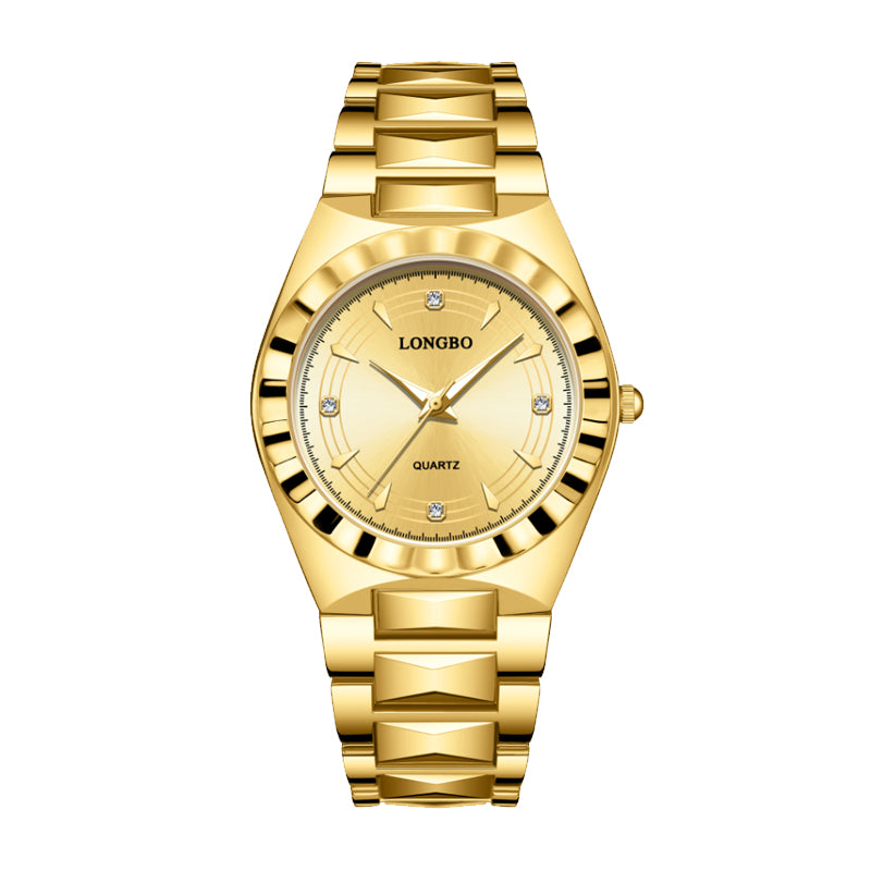 LONGBO LB83608G Quartz Watch - Live Edition Men's Luxury Fluted Bezel Slim Luminous Hands Full Gold Steel Link Bracelet Crystal Index Wristwatch