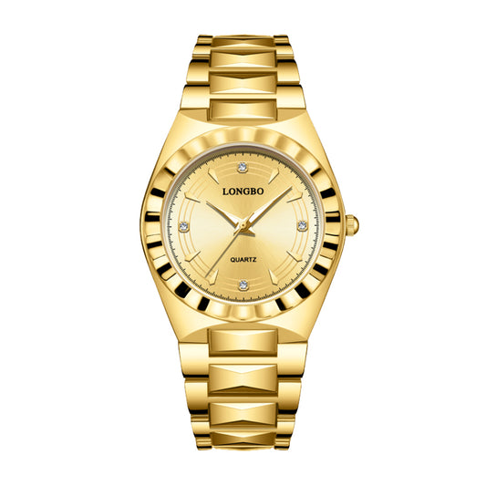 LONGBO LB83608G Quartz Watch - Live Edition Men's Luxury Fluted Bezel Slim Luminous Hands Full Gold Steel Link Bracelet Crystal Index Wristwatch