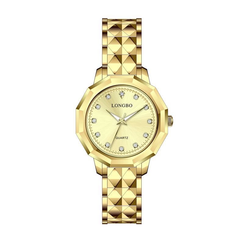 LONGBO LB83616G Quartz Watch - Live Edition Men's Geometric Faceted Bezel Slim Luminous Hands 3D Pyramid Link Steel Bracelet Crystal Index Wristwatch