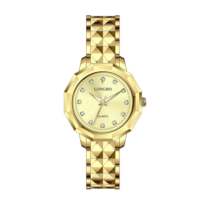 LONGBO LB83616G Quartz Watch - Live Edition Men's Geometric Faceted Bezel Slim Luminous Hands 3D Pyramid Link Steel Bracelet Crystal Index Wristwatch