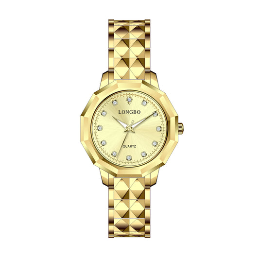 LONGBO LB83616G Quartz Watch - Live Edition Men's Geometric Faceted Bezel Slim Luminous Hands 3D Pyramid Link Steel Bracelet Crystal Index Wristwatch