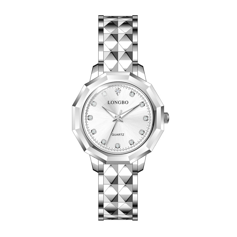 LONGBO LB83616G Quartz Watch - Live Edition Men's Geometric Faceted Bezel Slim Luminous Hands 3D Pyramid Link Steel Bracelet Crystal Index Wristwatch