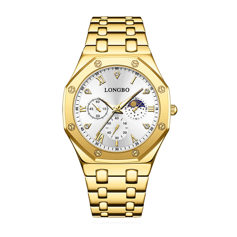 LONGBO LB83621G Live Edition Men's Ultra-Slim Executive Quartz Watch - 40mm Octagon Screw Bezel Sun & Moon Phase Multi-Subdial Luminous Metal Band Wristwatch