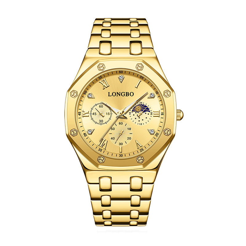 LONGBO LB83621G Live Edition Men's Ultra-Slim Executive Quartz Watch - 40mm Octagon Screw Bezel Sun & Moon Phase Multi-Subdial Luminous Metal Band Wristwatch