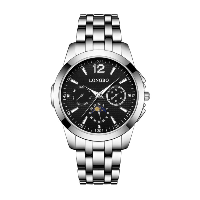 LONGBO LB83630G Live Edition Men's Ultra-Slim Executive Quartz Watch - 41mm Silver Case Sun & Moon Phase Multi-Subdial Luminous Metal Band Wristwatch