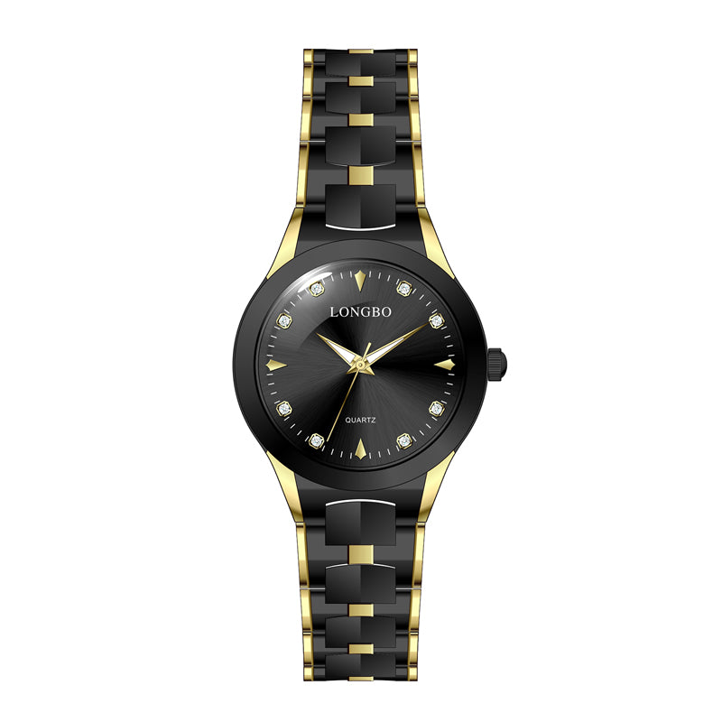 LONGBO LB83666G Quartz Watch - Live Edition Men's Two-Tone Black Gold Dial Slim Luminous Hands Steel Link Bracelet Wristwatch