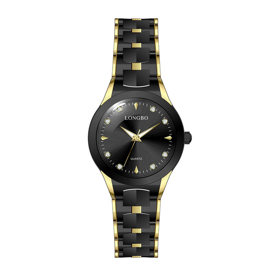 LONGBO LB83666G Quartz Watch - Live Edition Men's Two-Tone Black Gold Dial Slim Luminous Hands Steel Link Bracelet Wristwatch